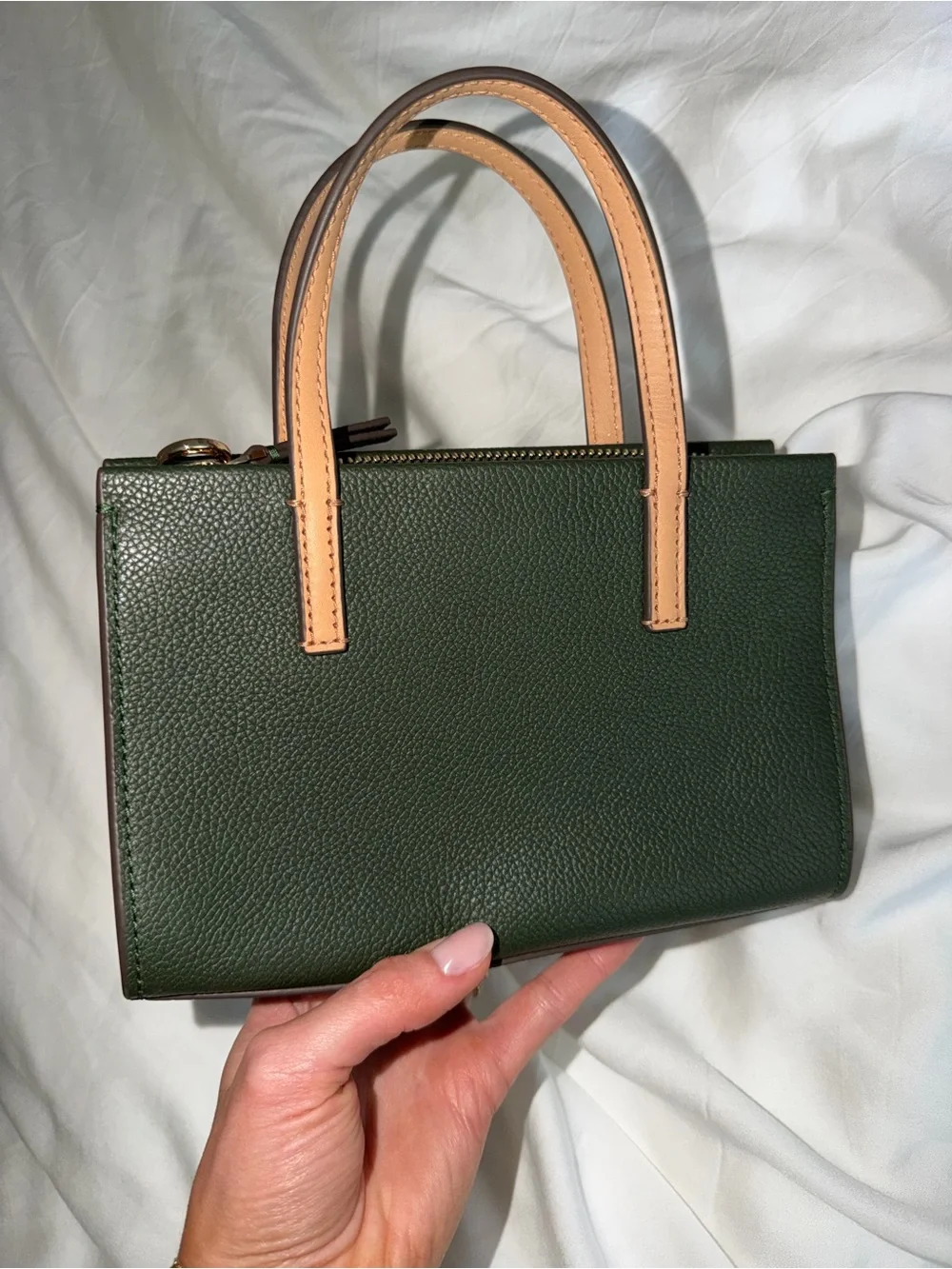 Tory Burch Green Leather Top-Handle Mini Bag with Tan Handles